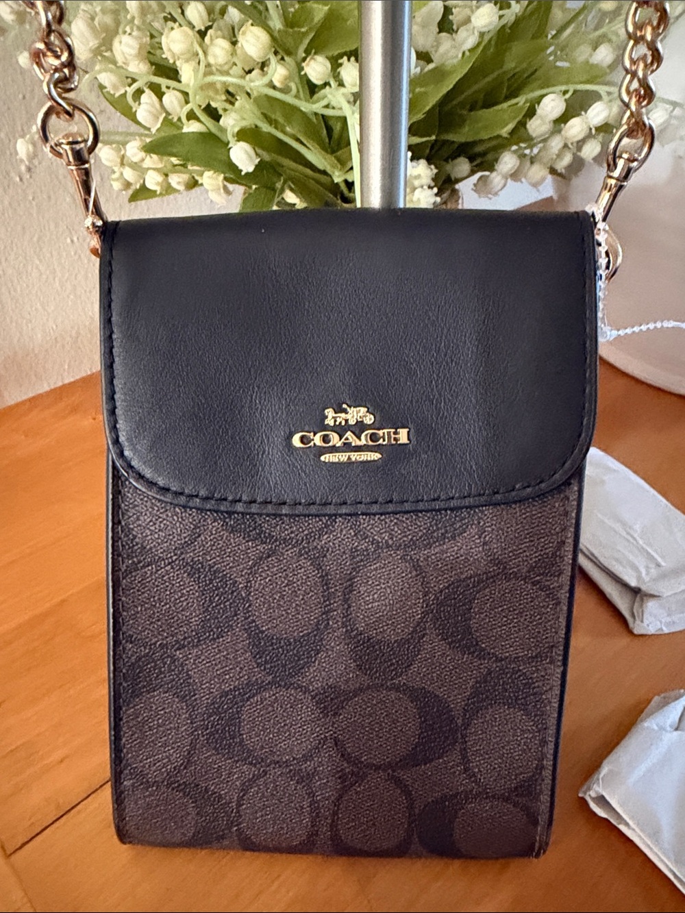 Coach Black Leather & C Pattern Brown Signature Crossbody Phone Pouch - Picture 3 of 16